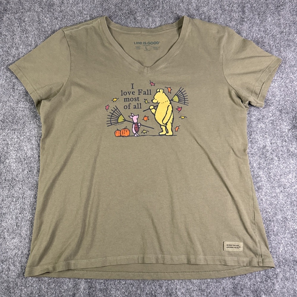 Life Is Good Womens Crusher T-Shirt Large Winnie the Pooh Love Fall Green EUC